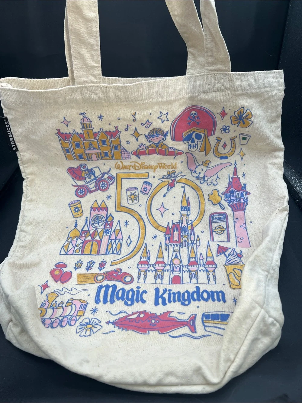 Starbucks Cream Magic Kingdom 50th Anniversary Tote with Pink and Blue Print